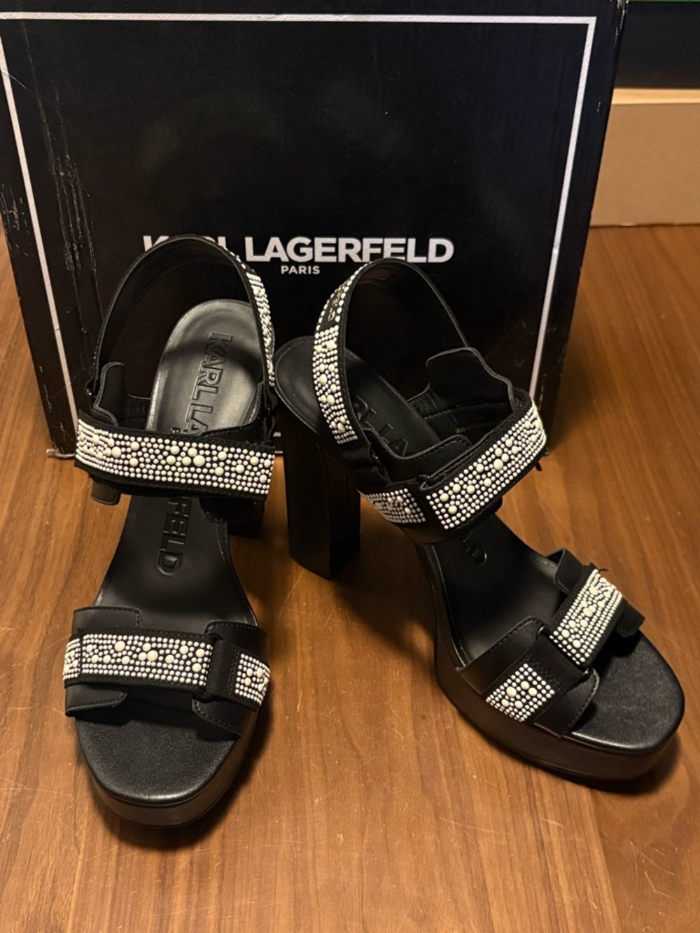 Karl Lagerfeld Paris Alexia Black Crystal-Strap Platform Heels size 11